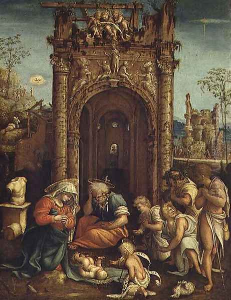 Adoration of the Shepherds, c.1530 Oil Painting by Amico Aspertini