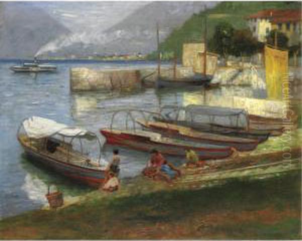 Lavandaie In Riva Al Lago Di Como Oil Painting by Enrico Sorio