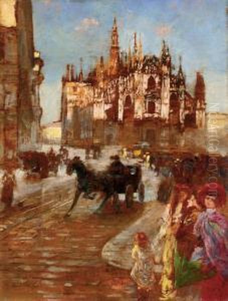 Milano, Carrozze In Piazza Del Duomo Oil Painting by Enrico Sorio