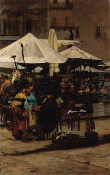 La Piazza D'erbe, Verona Oil Painting by Enrico Sorio