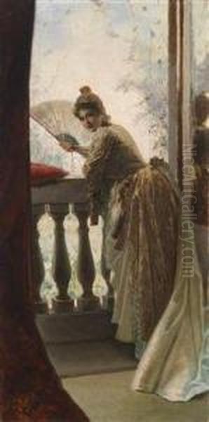 Lady With Fan On The Balcony Oil Painting by Luigi Sorio