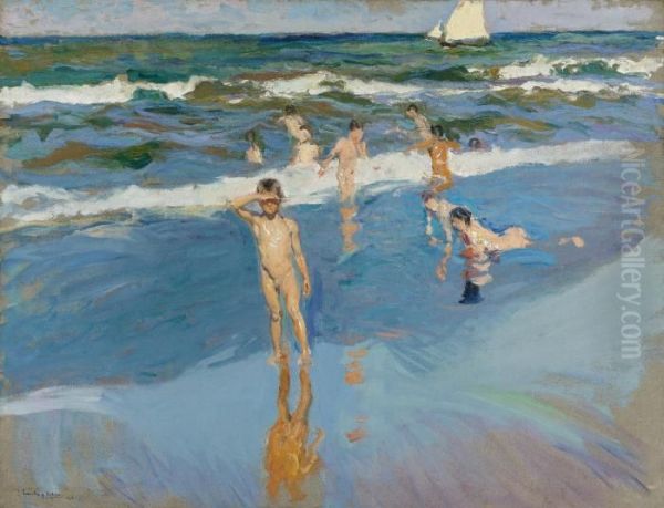 Niaos En El Mar. Playa De Valencia (children In The Sea, Valencia Beach) Oil Painting by Joaquin Sorolla Y Bastida