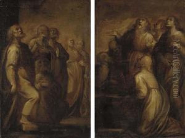 Two Studies For The Assumption Of The Virgin: Six Apostles, One Kneeling; And Six Apostles Around A Tomb Oil Painting by Pietro Sorri