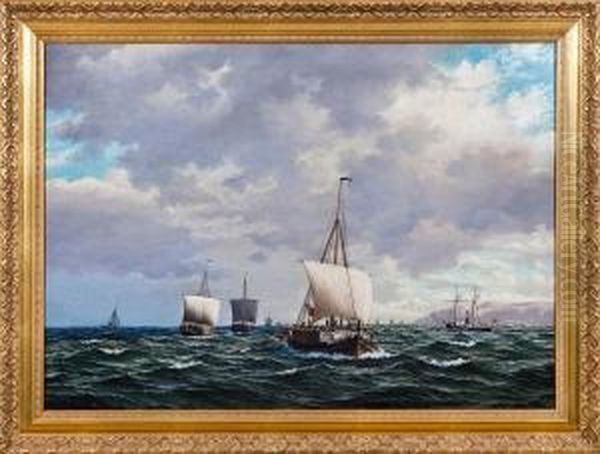 Cargo Vessels And Steamship Out At Sea Oil Painting by Frederik Sorvig