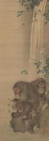 Three Monkeysseated On A Rock Beneath Oil Painting by Mori Shusho, Dit Sosen