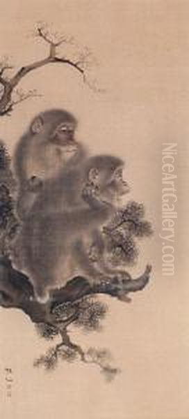 Deux Singes Branches Oil Painting by Mori Shusho, Dit Sosen