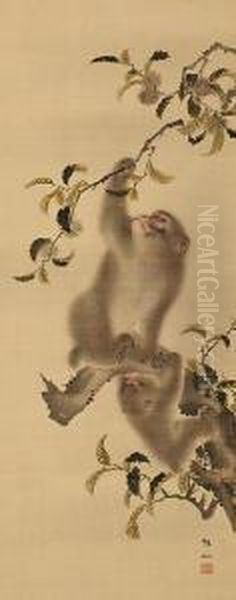 Monkeys In Achestnut Tree Oil Painting by Mori Shusho, Dit Sosen