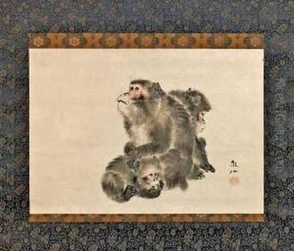 An Adult Monkey With Two Young All Huddled Together, Finely Rendered Details (some Toning); Silk Mounting Oil Painting by Mori Shusho, Dit Sosen