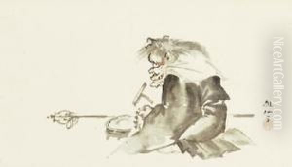 Demon Reciting Buddhist Prayers (oni No Nenbutsu) Oil Painting by Mori Shusho, Dit Sosen