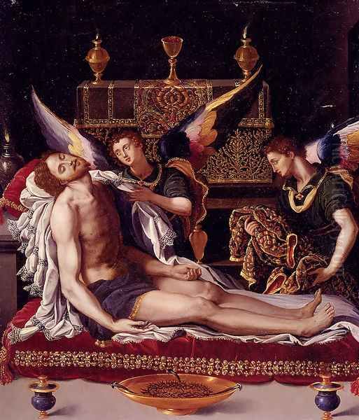 Dead Christ Attended By Two Angels Oil Painting by Alessandro Allori