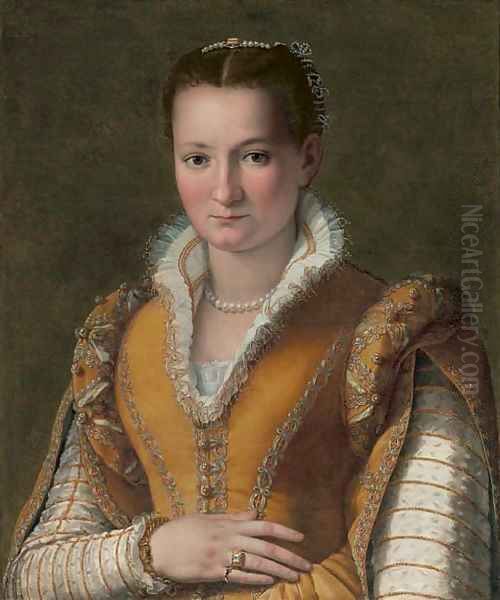 Portrait of a lady, possibly Bianca Capello de'Medici, half-length, in an embroidered gold dress and pearls Oil Painting by Alessandro Allori