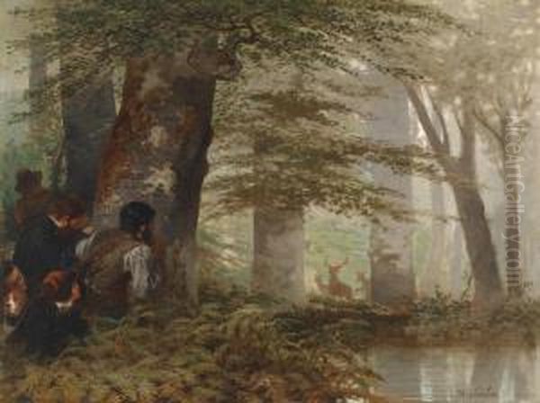 Huntersdiscover A Pack Of Deer In A Forest Oil Painting by Charles Soubre