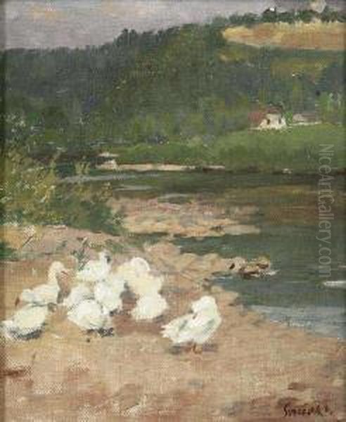 Geese By A Brook Oil Painting by Vaclav Soucek