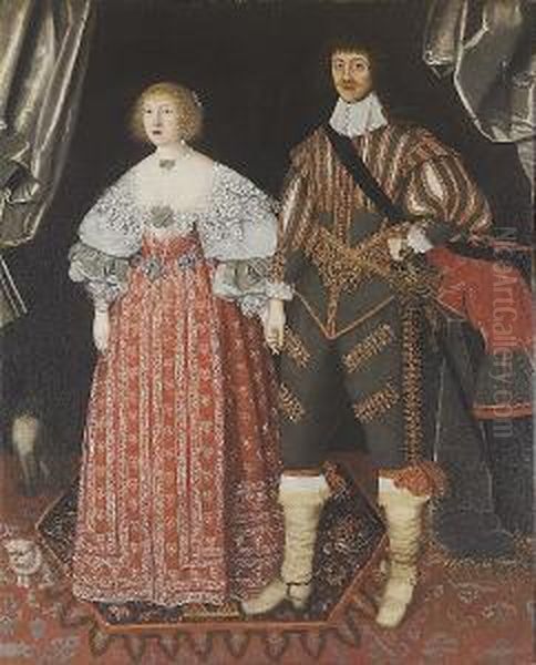 Portrait Of Lord And Lady Poulett Of Hinton Saint George , Full Length, She Wearing A Red Dress With A White Lace Collar, He Wearing A Grey Doublet Emroidered With Gold, A Sword At His Side Oil Painting by John Souch