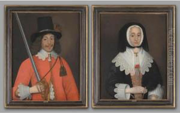 Portrait Of Colonel John Hutchinson (1615-1664) And His Wife, Mrs Hutchinson, Nee Lucy Apsley (b.1620), Both Half Length, He Wearing A Red Tunic With White Collar And Cuffs And A Black Hat, A Sword In His Right Hand, She Wearing A Black Dress And A Headdr Oil Painting by John Souch