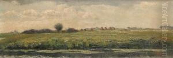 Landscape With Haystacks And Water Oil Painting by Octaaf Soudan