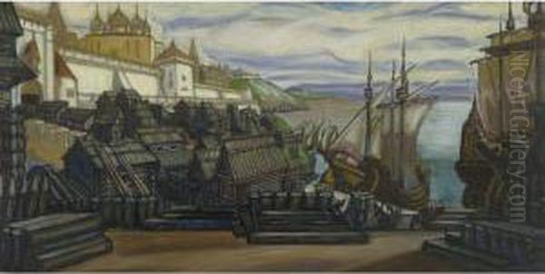 The Pier At Novgorod: Backdrop Design For Sadko Oil Painting by Sergei Yurievich Soudeikine