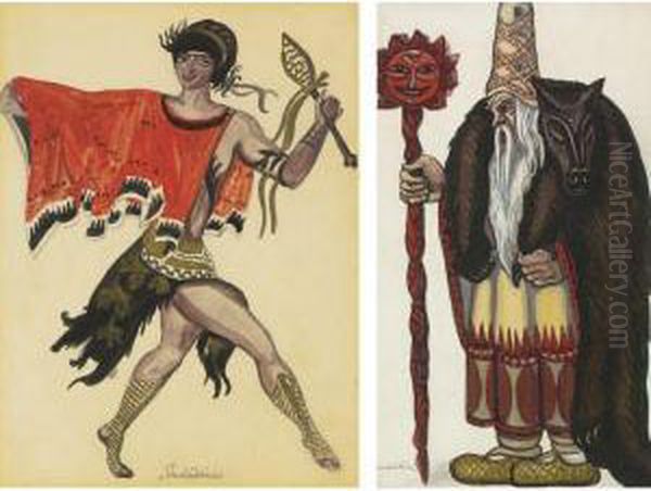 Pamina From The Magic Flute, A Man In A Red Robe, Man With Awolf's Cloak From Sadko And Dancing Woman Oil Painting by Sergei Yurievich Soudeikine