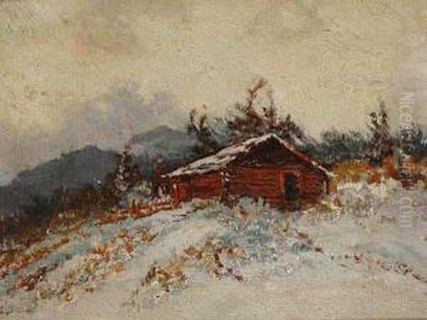 A Winter Landscape With A Log Cabin Oil Painting by Frantisek Ladislav Soukup