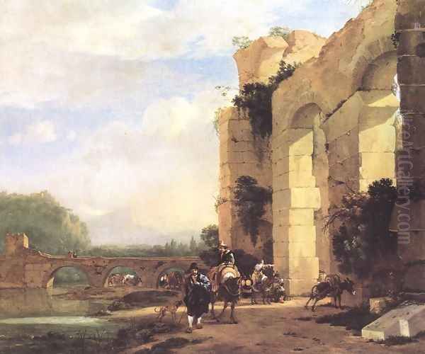 Italian Landscape With The Ruins Of A Roman Bridge And Aqueduct Oil Painting by Jan Asselyn