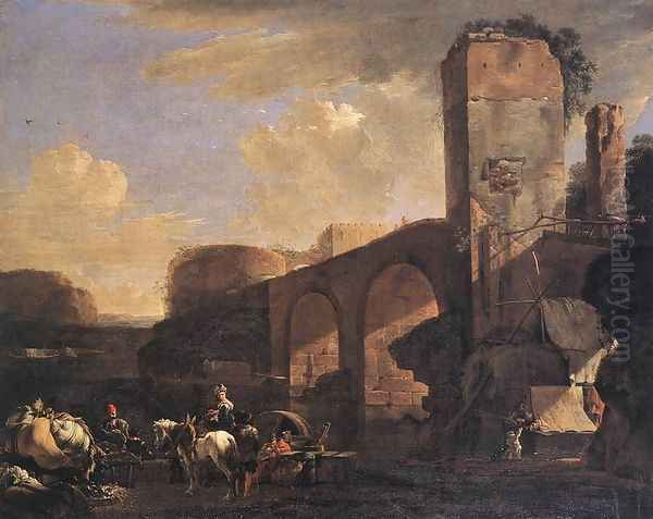 Italianate Landscape with a River and an Arched Bridge c. 1648 Oil Painting by Jan Asselyn