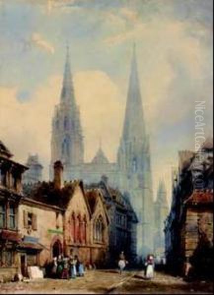 Vue Animee De La Cathedrale De Chartres Oil Painting by Mathieu Eugene Edouard Soules