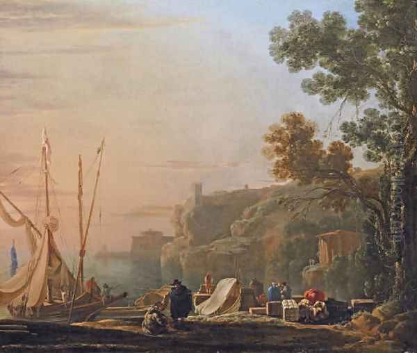 A Mediterranean coastal inlet with merchants unloading boats, a temple beyond Oil Painting by Jan Asselyn