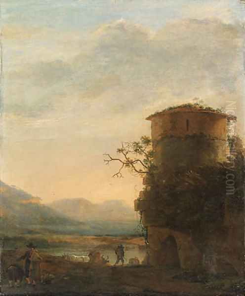 Peasants and cattle beside a tower in an extensive landscape Oil Painting by Jan Asselyn