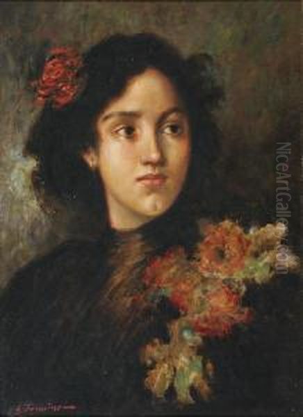 Portrait Of A Young Woman Wearing Acorsage Oil Painting by A Sounine