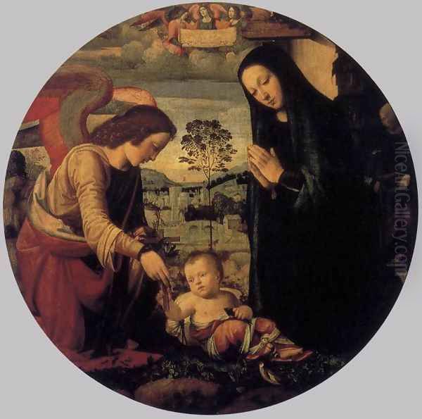 Adoration of the Child with Angel 1497 Oil Painting by Mariotto Albertinelli