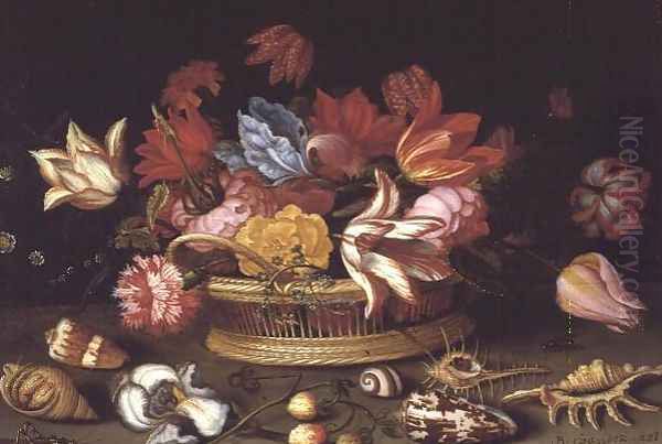 A Basket of Flowers with Shells on a Ledge Oil Painting by Balthasar Van Der Ast