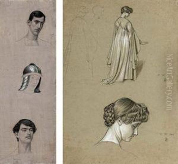 Studies For A Female Figure; And Head Studies Of A Man (bothillustrated) Oil Painting by Joseph Edward Southall