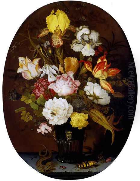 A Still life of roses, irises, tulips, narcissi and other flowers, in a glass vase with gilt mounts, set upon a ledge, flanked by a lizard and a large beetle Oil Painting by Balthasar Van Der Ast