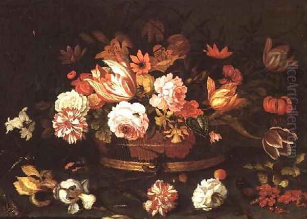 Roses, Tulips in a basket Oil Painting by Balthasar Van Der Ast