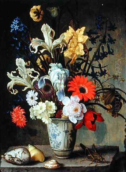 Floral Study with beaker, grasshopper and seashells Oil Painting by Balthasar Van Der Ast