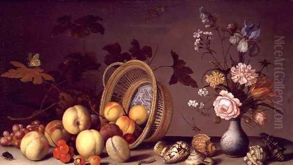 Apples, cherries, grapes, plums and a vase of flowers Oil Painting by Balthasar Van Der Ast