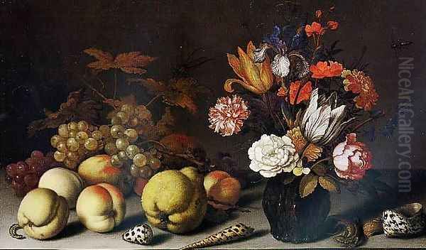 A Still-Life of Fruit, Flowers and Shells with a Lizard, Caterpillar and Dragonfly Oil Painting by Balthasar Van Der Ast