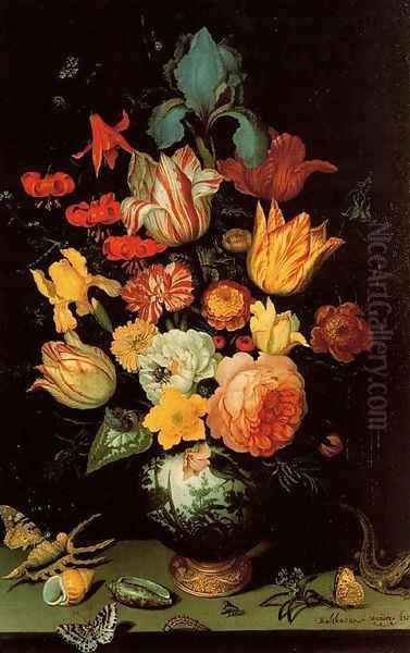 Chinese Glass with flowers, shells and insects Oil Painting by Balthasar Van Der Ast