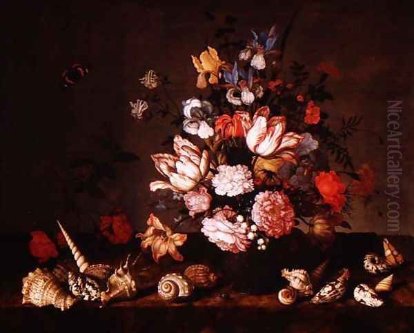 Still life of a vase of flowers with shells Oil Painting by Balthasar Van Der Ast