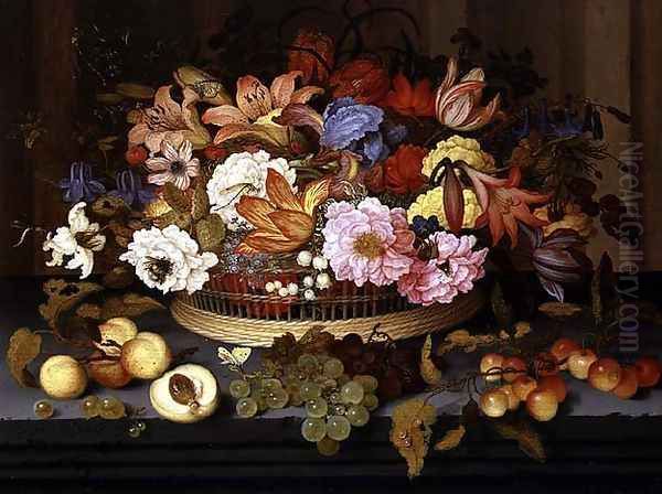 Still Life of Fruit and a Basket of Flowers, 1623 Oil Painting by Balthasar Van Der Ast