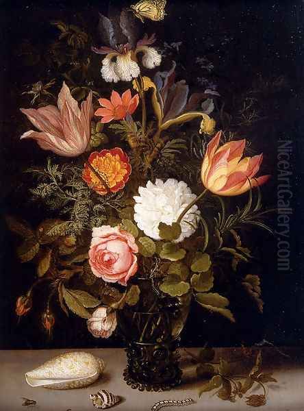 Still Life Of Roses, Tulips, Irises, An African Marigold And Other Flowers In A Roemer Resting On A Ledge, With Two Shells, A Butterfly And Other Insects Oil Painting by Balthasar Van Der Ast