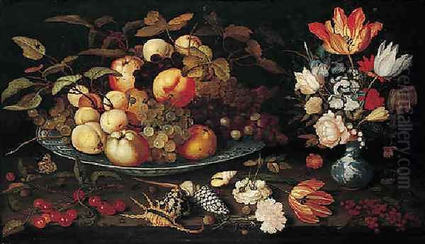 A still life of apples, grapes, and peaches in a blue and white porcelain bowl, a bouquet of tulips, ros Oil Painting by Balthasar Van Der Ast