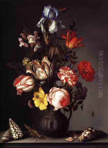 Flowers in a Vase with Shells and Insects Oil Painting by Balthasar Van Der Ast