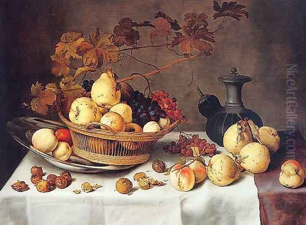 A Still Life of Pears, Peaches, Grapes and Quinces in a Basket Oil Painting by Balthasar Van Der Ast