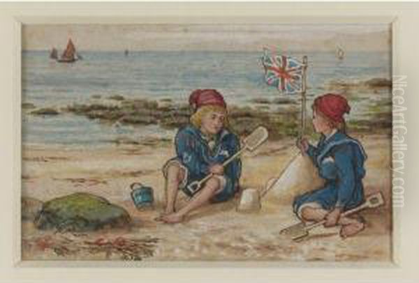 Two Children On A Beach Oil Painting by John G. Sowerby