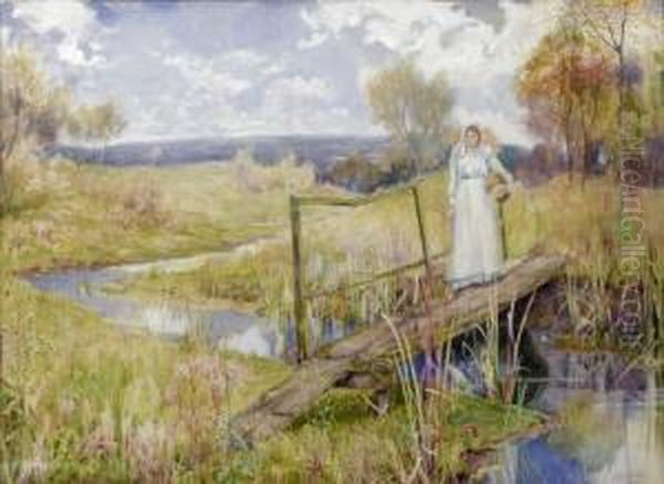 A Girl On A Wooden Bridge Over A Stream Oil Painting by John G. Sowerby