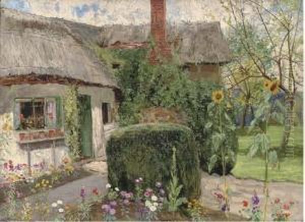 A Cottage Garden, Sutton Courtenay, Abingdon Oil Painting by John G. Sowerby