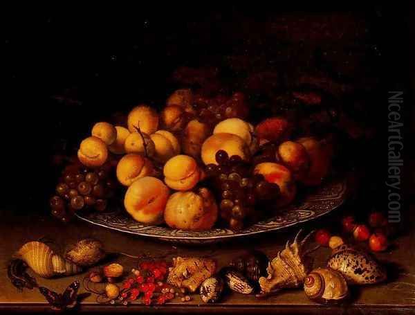 Fruit in a dish and shells Oil Painting by Balthasar Van Der Ast