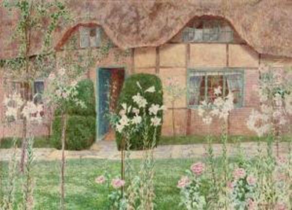 A Thatched Cottage With Arum Lilies And Roses Oil Painting by John George Sowerby