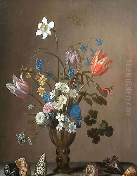 Flowers, shells, butterflies and grasshoppers Oil Painting by Balthasar Van Der Ast